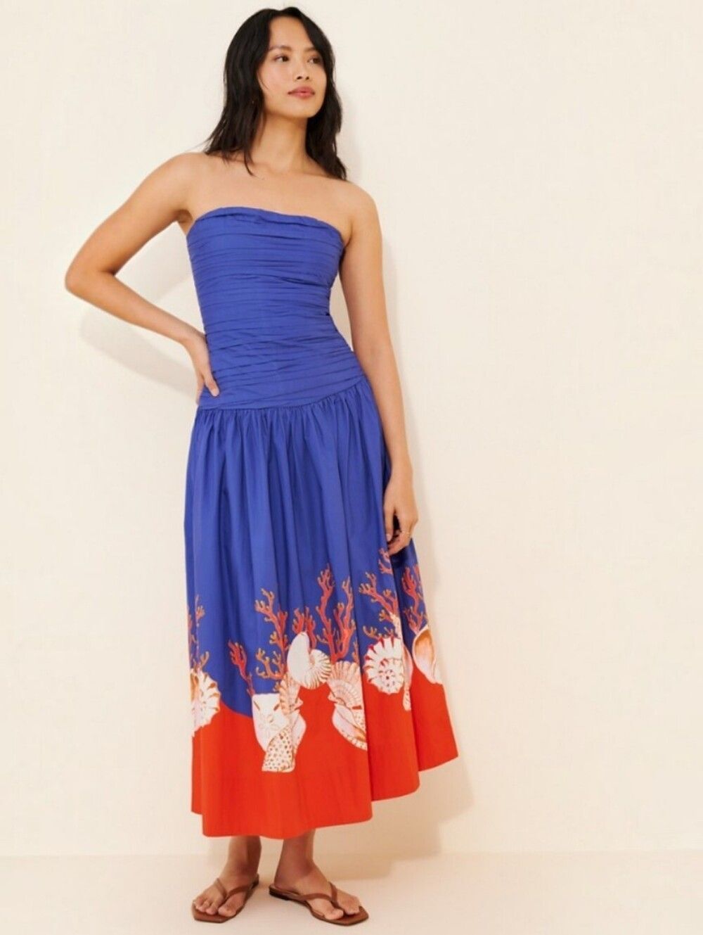 NWT Camila Coelho Cotton Poplin Drop Waist Strapless Tomasia Coral Midi Dress M